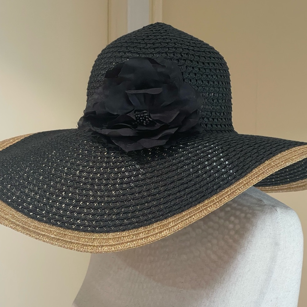 Apt 9 Floppy Straw Beach Sun Hat With Flower Vacation Summer Gold Black One Size - Picture 4 of 8